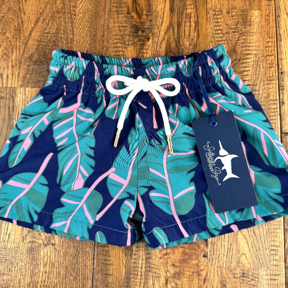 NWT Saltwater Boys Saint Simons Swim Trunks Boys Size 12 Months Navy Palms A‎